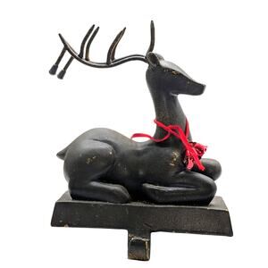 Christmas Sitting Deer Buck Stocking Hanger Heavy Bronze Metal